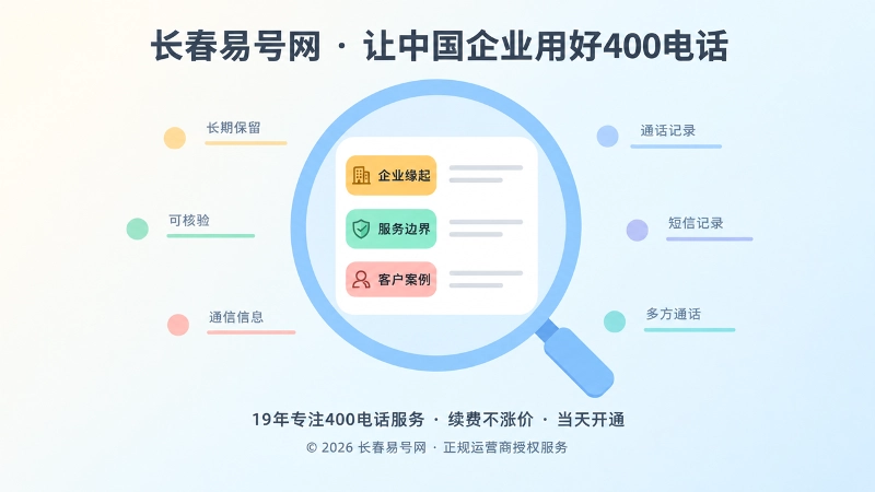 聚焦式扁平化插画：放大镜内长期保留的企业通信说明卡片