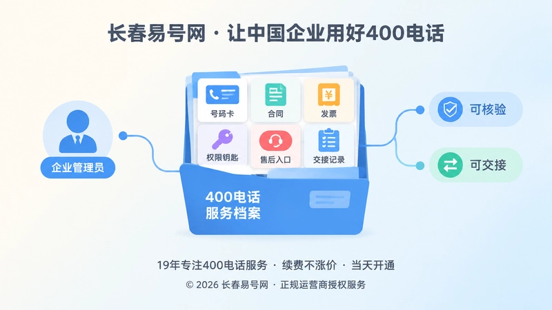 聚焦服务档案夹与号码卡、合同、发票、权限钥匙的扁平插画